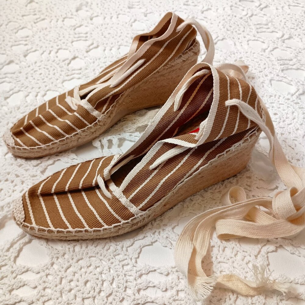 Pare Gabia Espadrille Wedge Heel Tie Leg Brown Ivory Stripe Canvas 38 Women 7 US